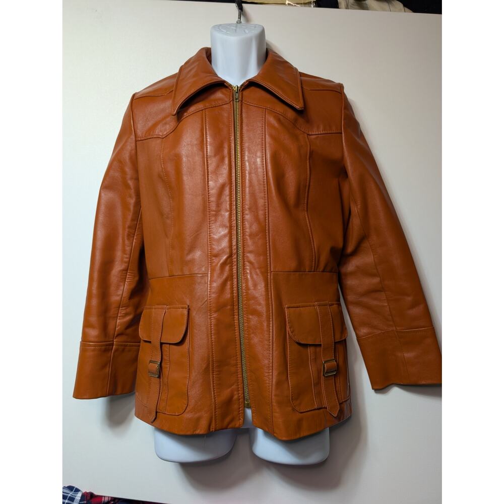 Authentic vintage 1970s leather jacket in cognac / burnt orange. Made in USA